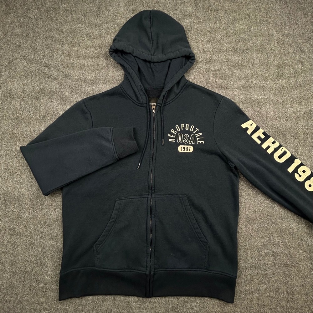 Aeropostale Full Zip Hoodie Mens XL‎ Navy Blue Graphic Sleeve Fleece Sweatshirt